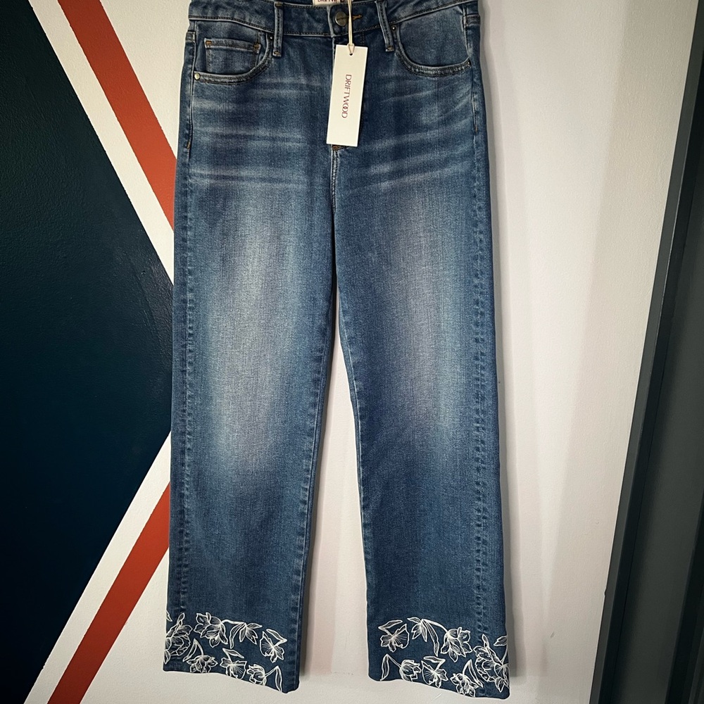 DRIFTWOOD Blue Straight-Leg Jeans with Floral Embroidered Hem